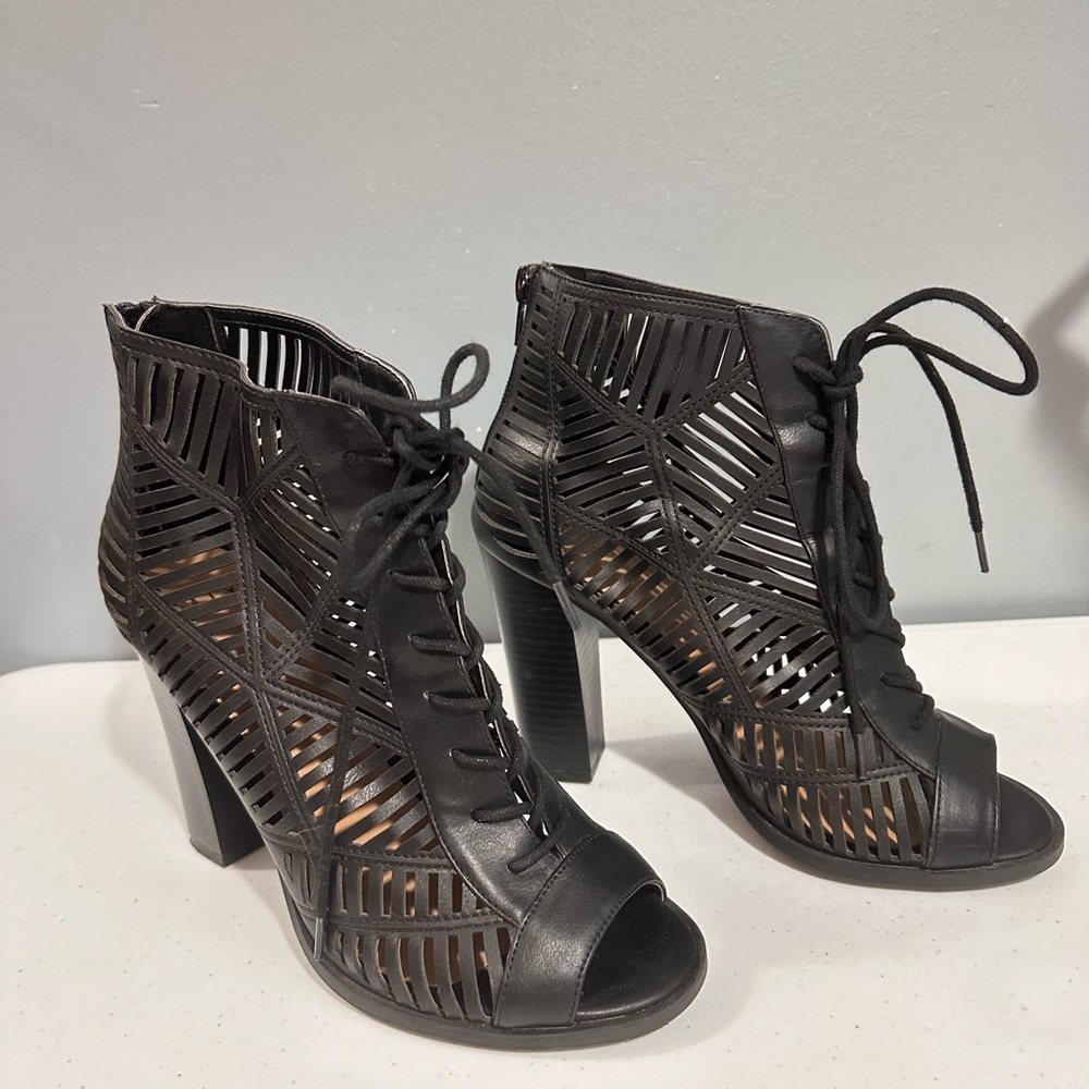 Mix No. 6 Black Heeled Boots with Laser-Cut Design